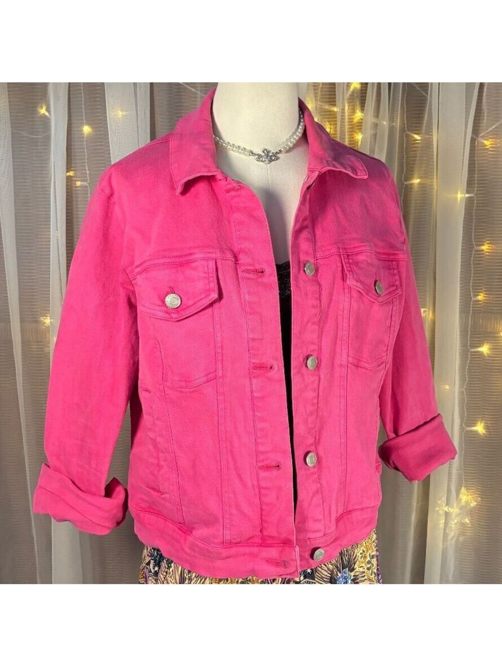 Hot Pink Denim Jacket Stretch Cotton Trucker Jean Jacket Barbiecore Medium